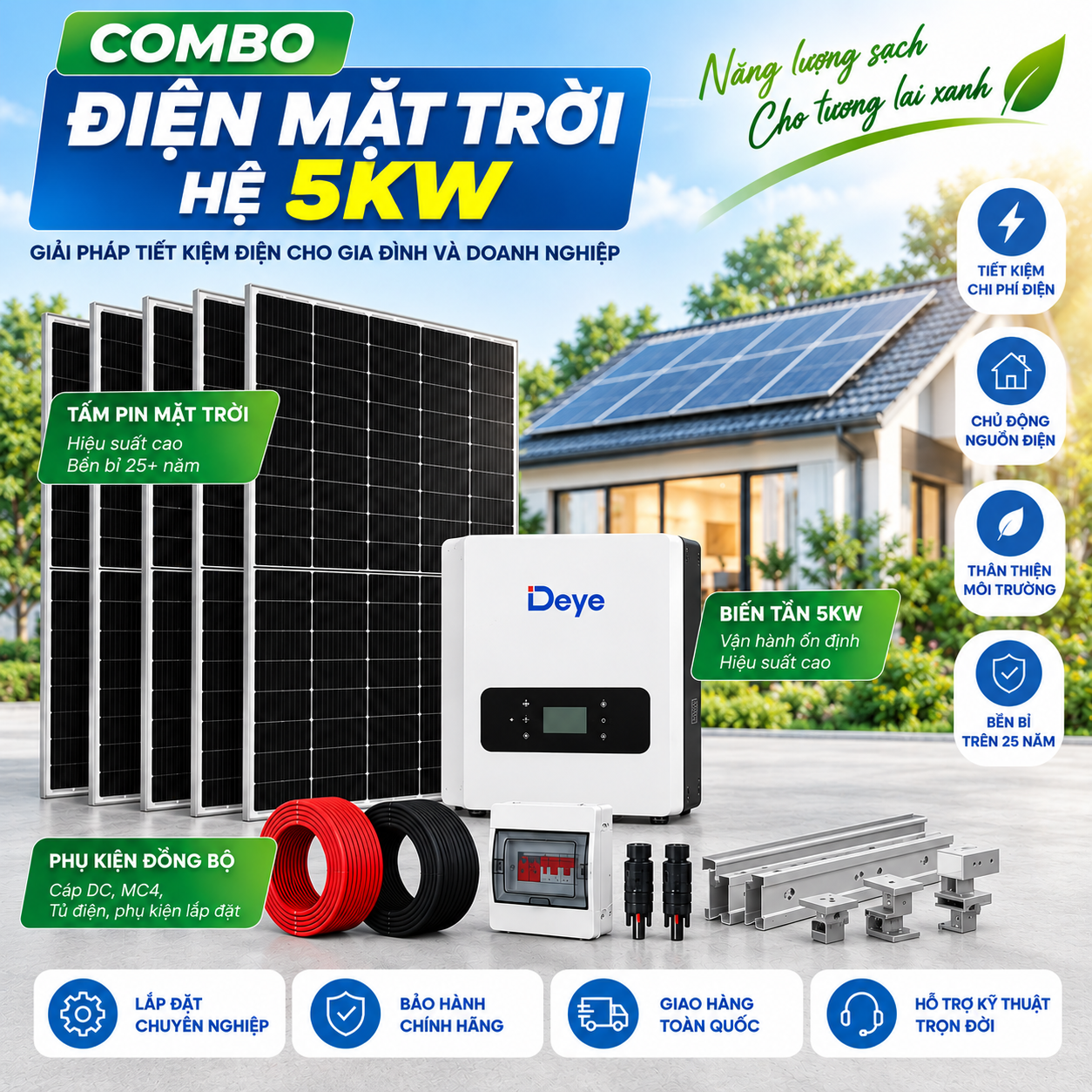 Gói Hệ Thống Điện Mặt Trời Hybrid 5.6KWP (Lưu trữ 16KWH ) – Giảm 1tr5-2tr
